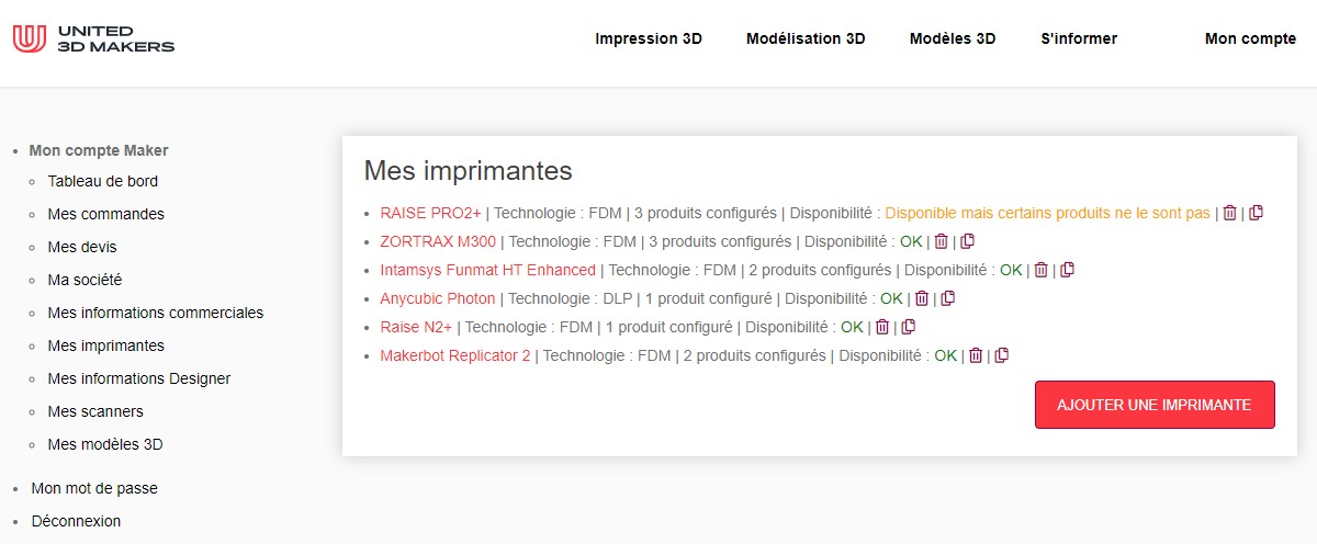 mes imprimantes avec un produit dispo mars22